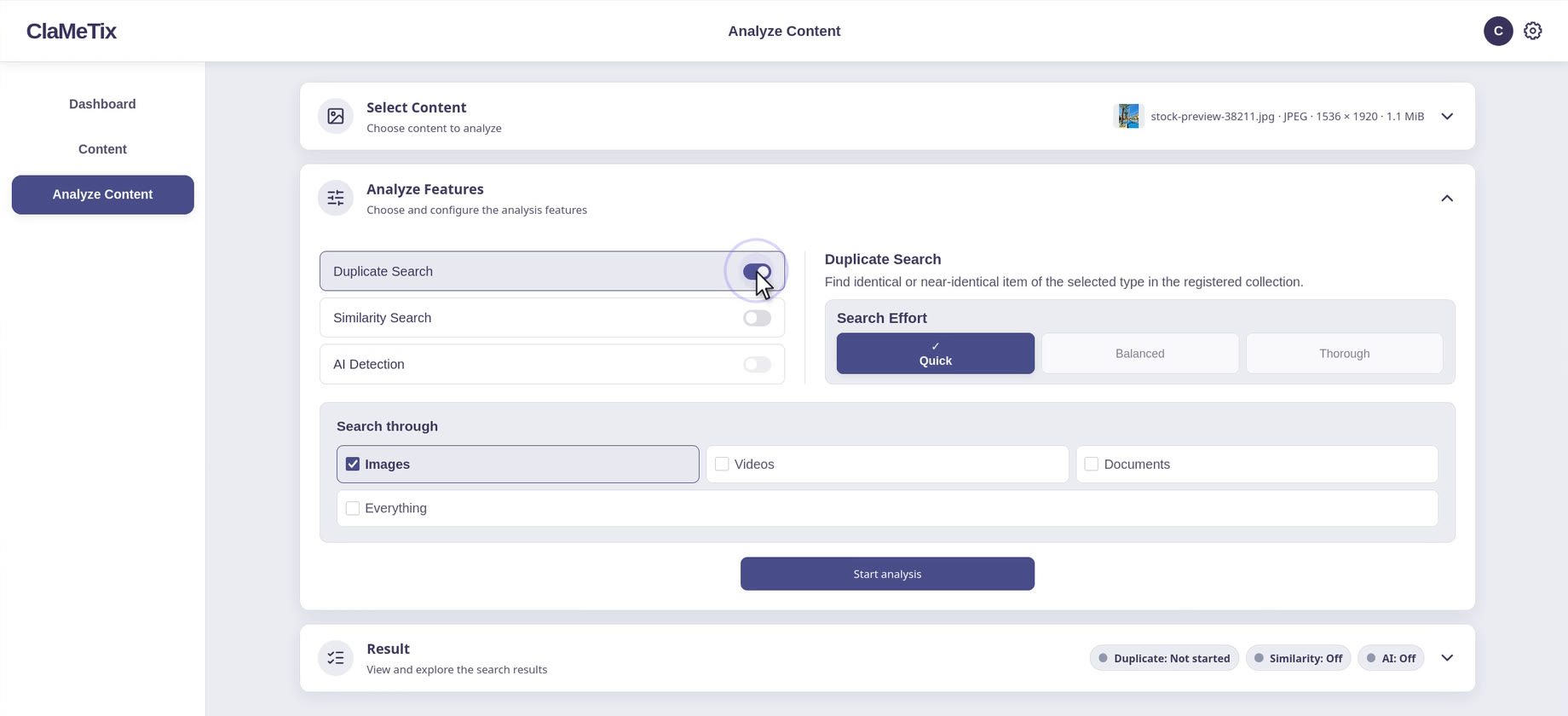 The ClaMeTix Analyze Content workspace: Select Content, Analyze Features with Duplicate Search, Similarity Search and AI Detection toggles, and Result.